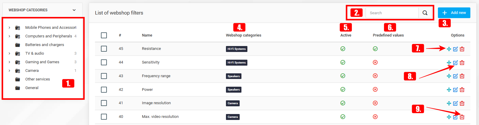 Webshop filters
