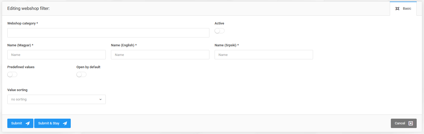 Webshop filters