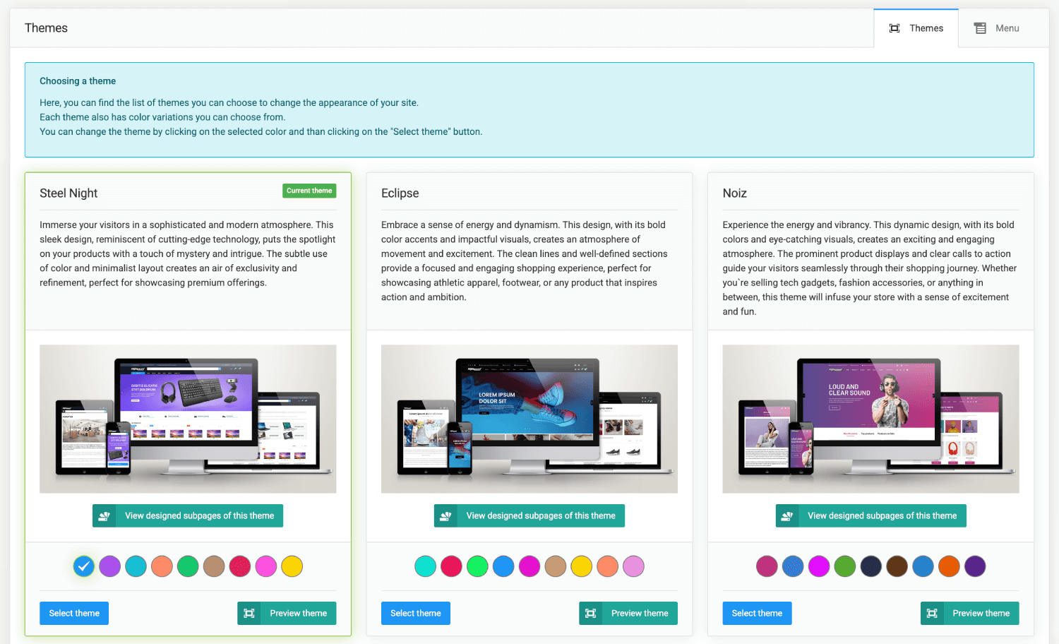 Themes and theme selection