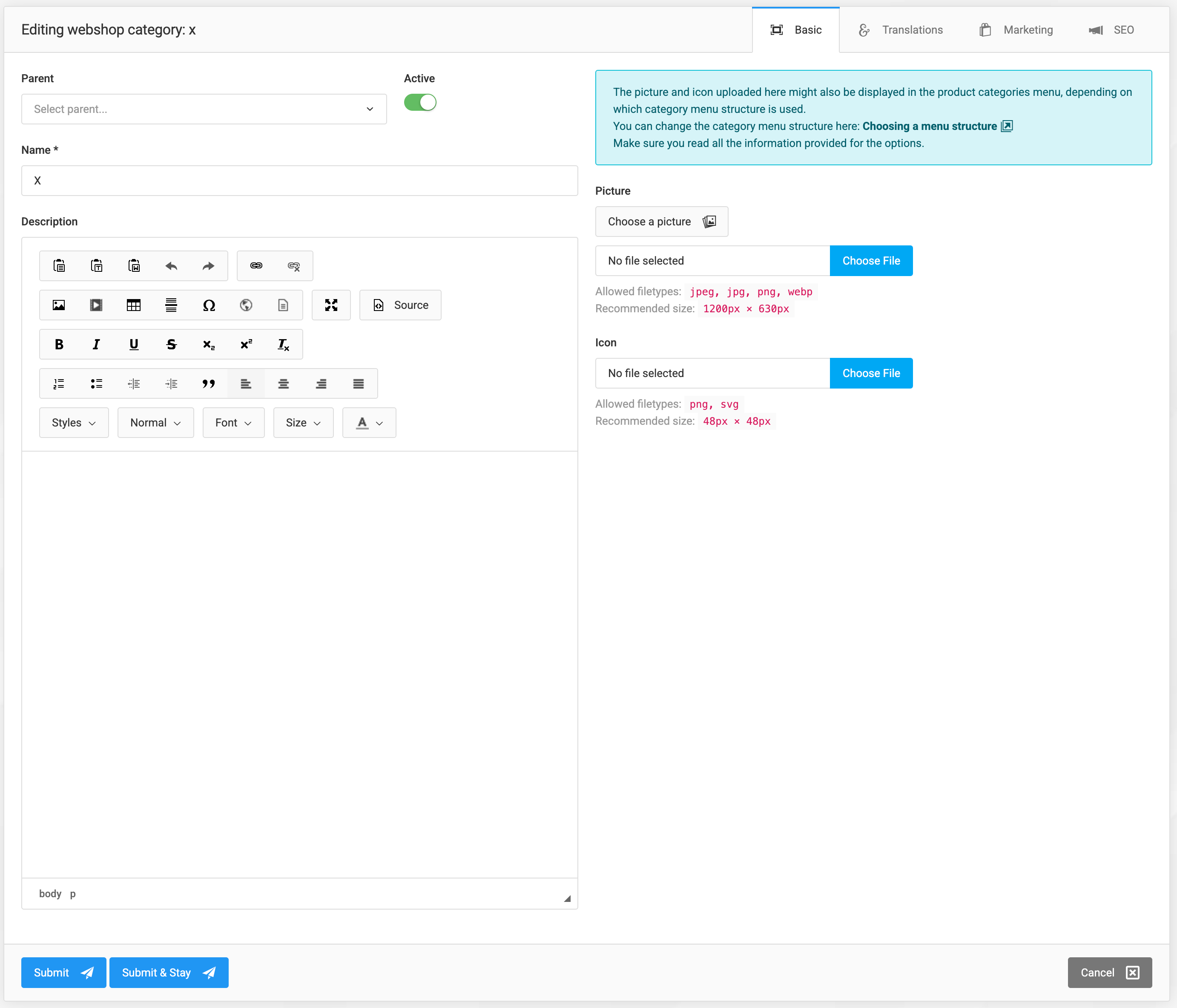 Webshop categories